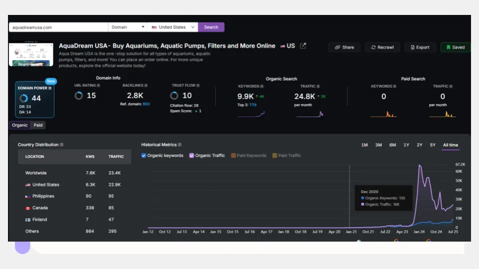 SEO Domain metrics dashboard AquaDream USA showing organic search and backlink data