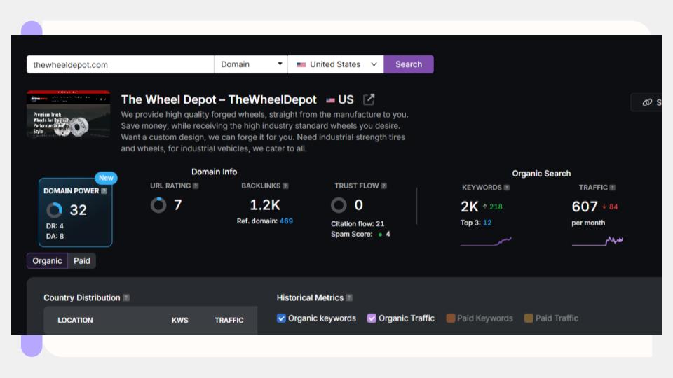 The Wheel Depot SEO dashboard showing domain authority and keyword rankings