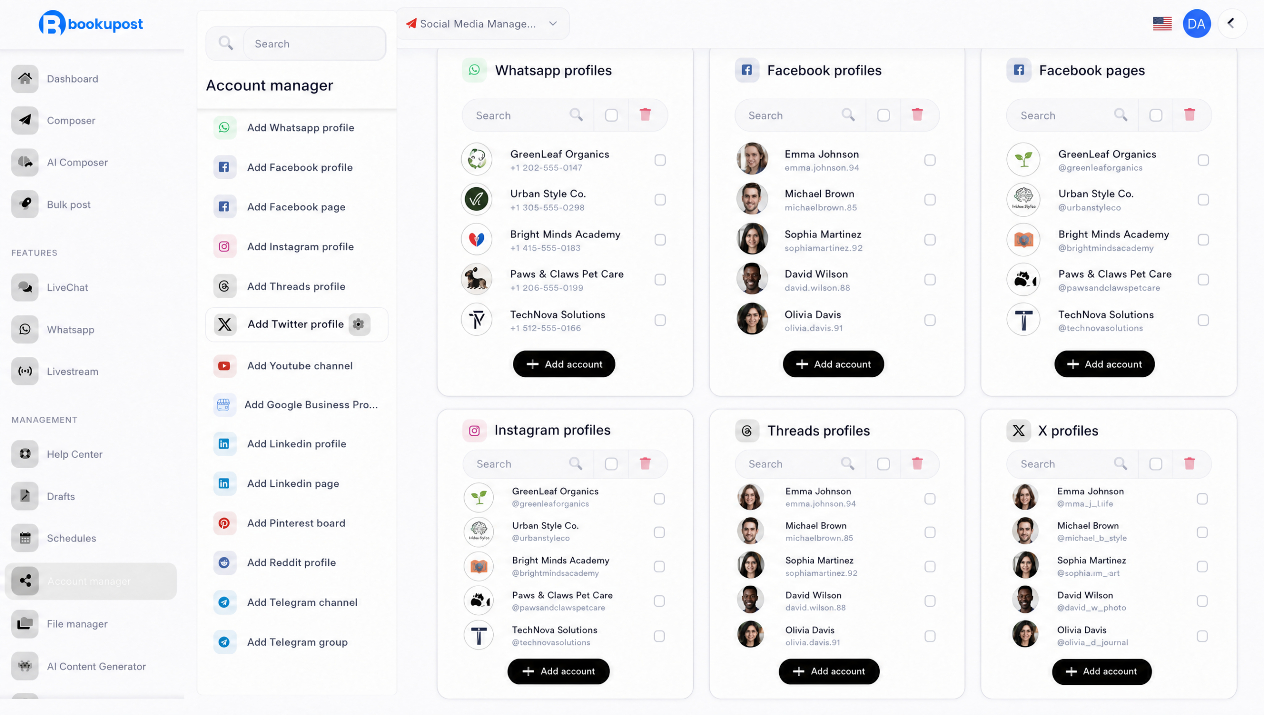 Dashboard displaying connected social media accounts