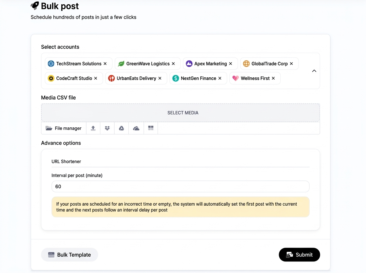 Spreadsheet interface for bulk uploading and scheduling posts