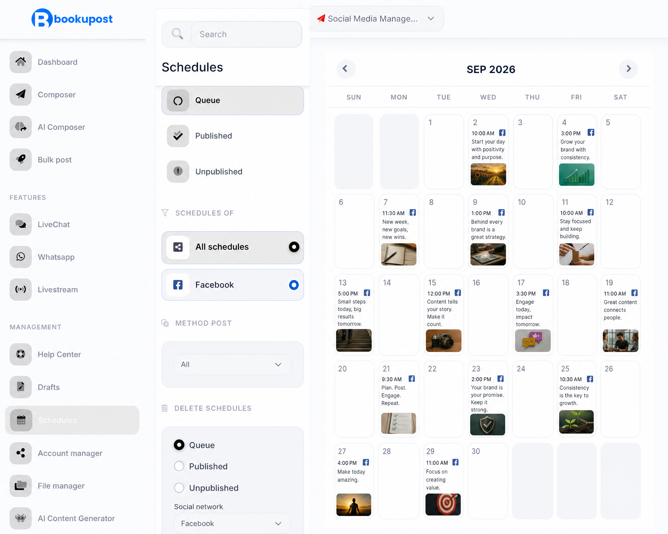Dashboard showing scheduled social media posts across multiple platforms