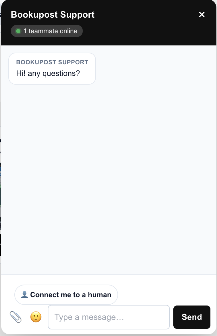 Bookupost live support chat widget for customer assistance