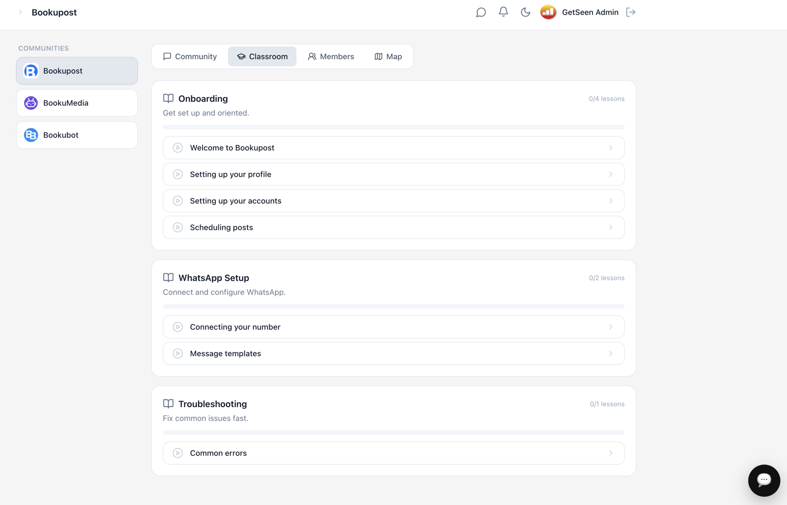 Bookupost classroom dashboard showing course modules and learning management interface