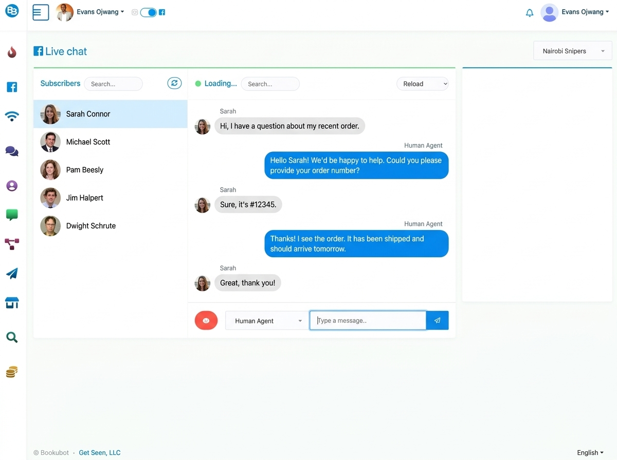 Live chat dashboard showing replies to comments and direct messages